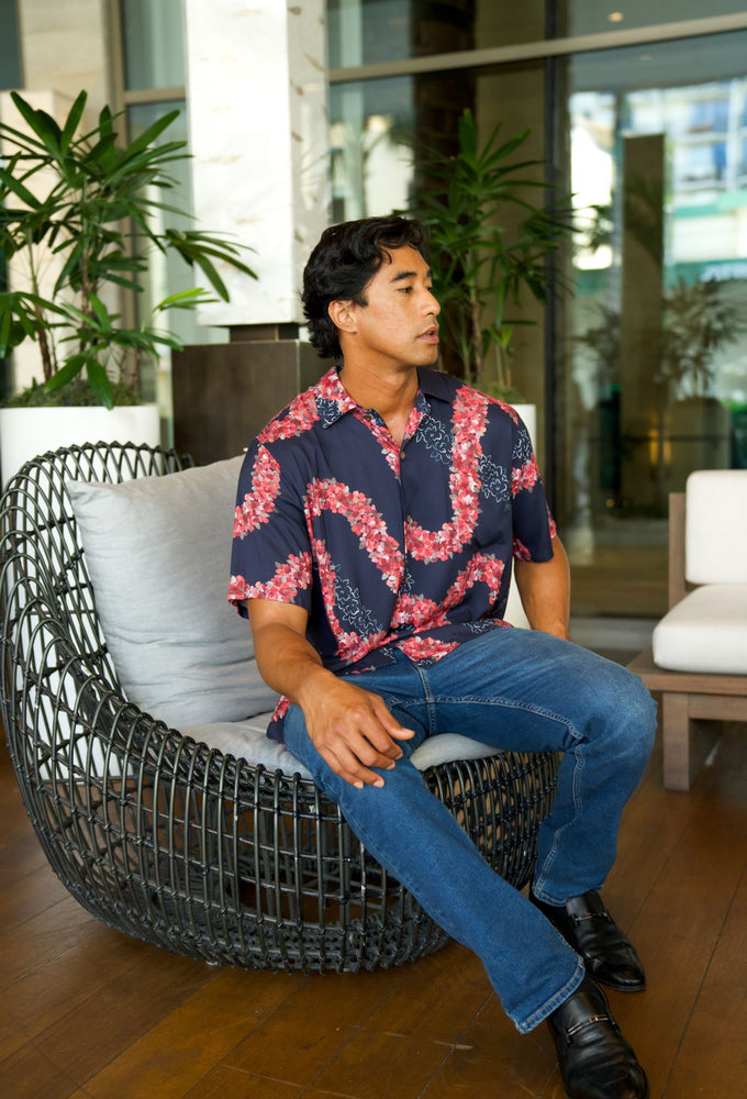 Aloha Shirt (Kāne) -Lei ʻAʻaliʻi - Navy