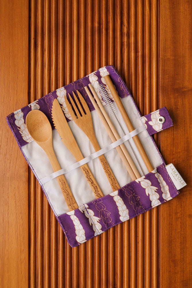 Pīkake Lei Bamboo Cutlery Set - Poni/Purple