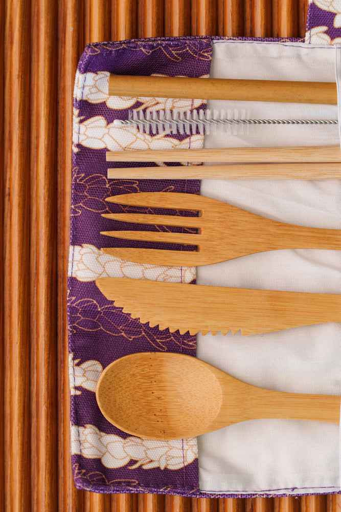 Pīkake Lei Bamboo Cutlery Set - Poni/Purple